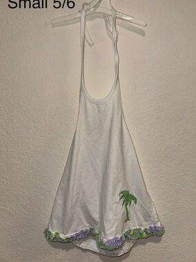Kelly’s Kids White Halter Shirt/Dress with Palm Embroidery and ruffle bottom 5/6